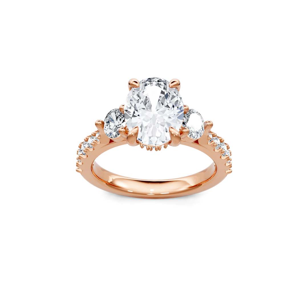 Diamond Three Stone Plus Oval Semi Mount with Hidden Halo