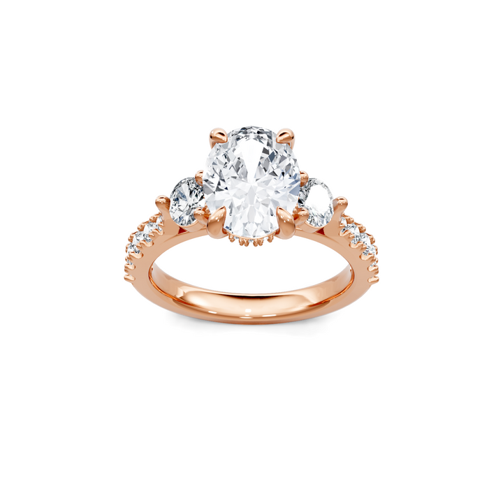 Diamond Three Stone Plus Oval Semi Mount with Hidden Halo