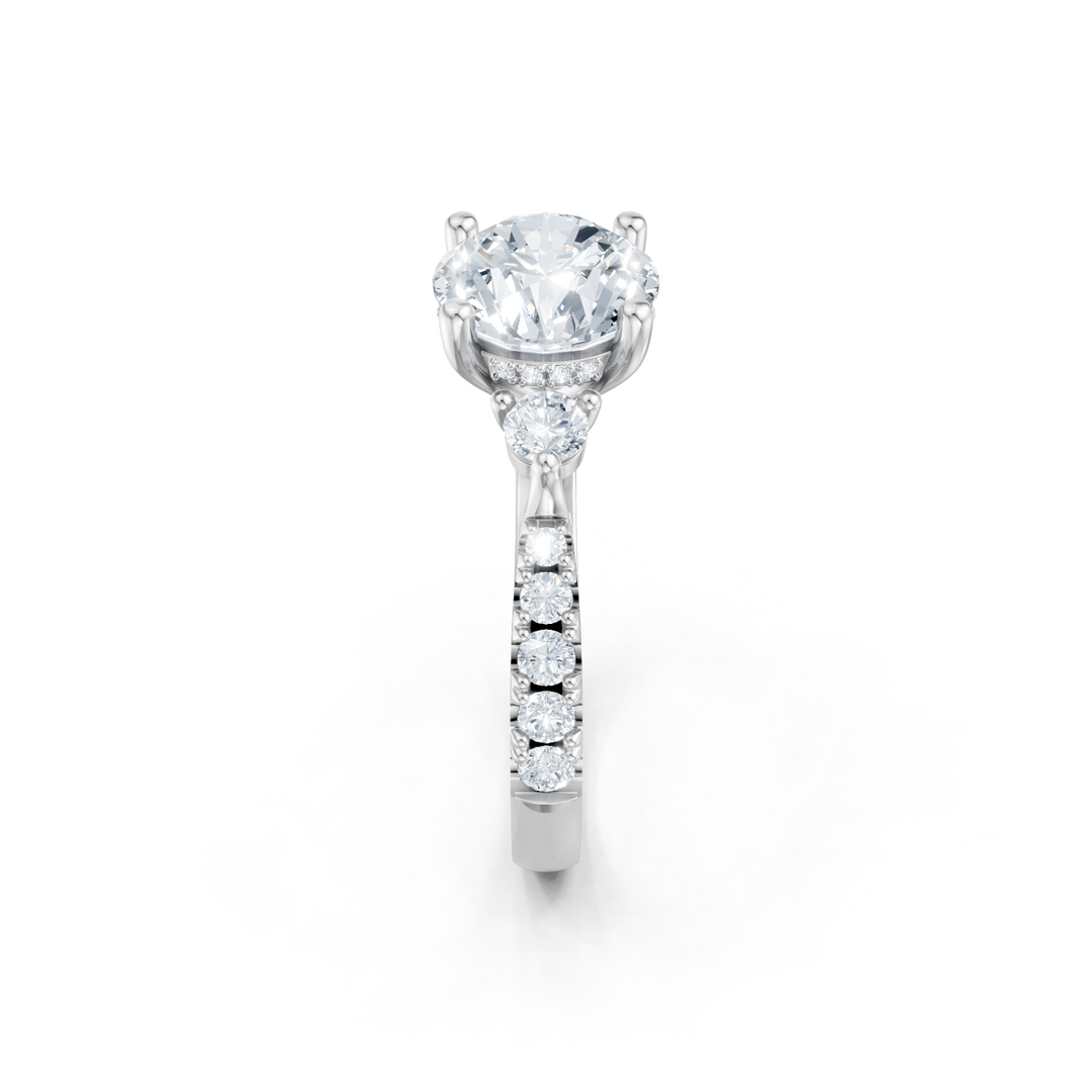 Diamond Three Stone Plus Round Semi Mount with Hidden Halo