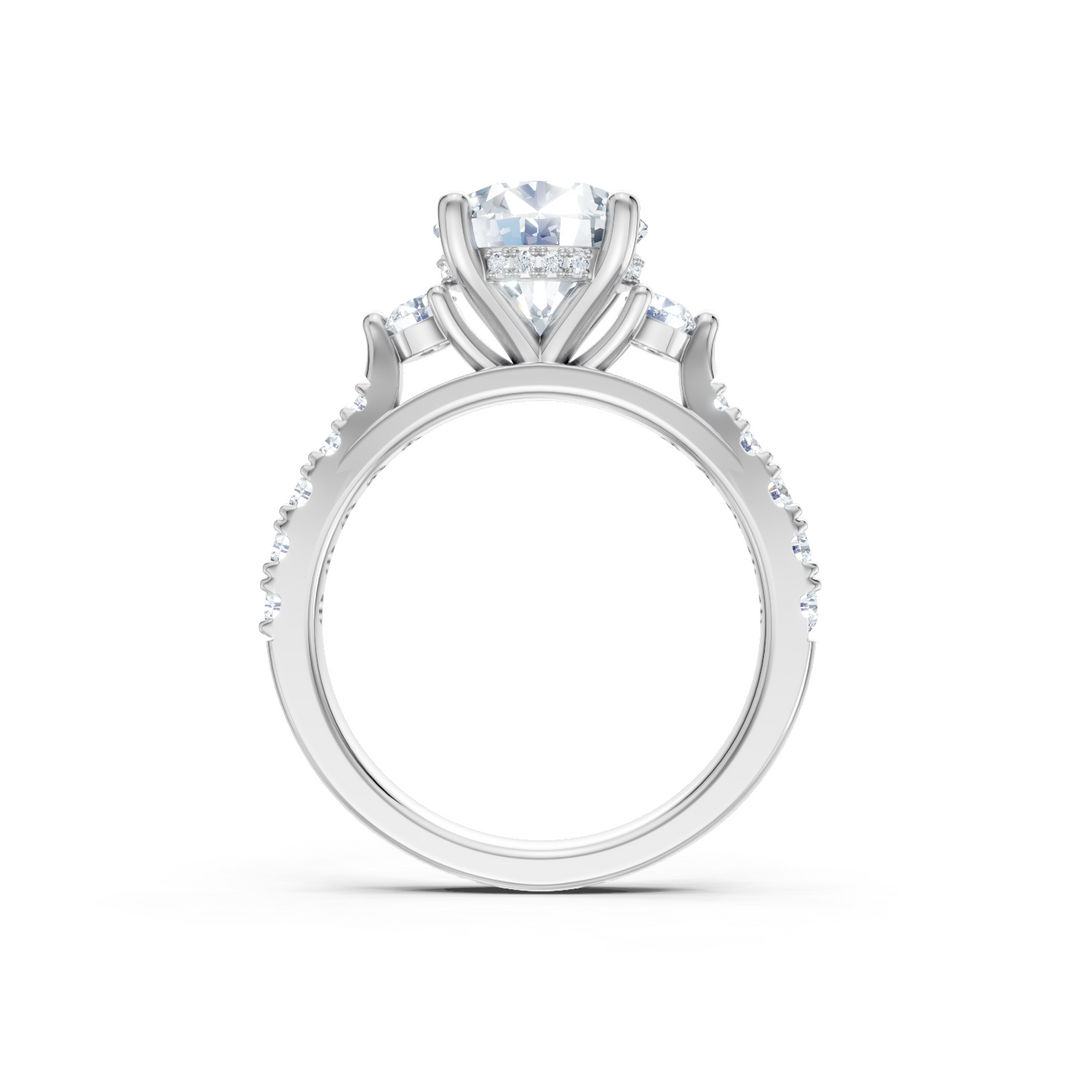 Diamond Three Stone Plus Round Semi Mount with Hidden Halo