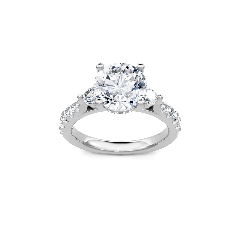 Diamond Three Stone Plus Round Semi Mount with Hidden Halo
