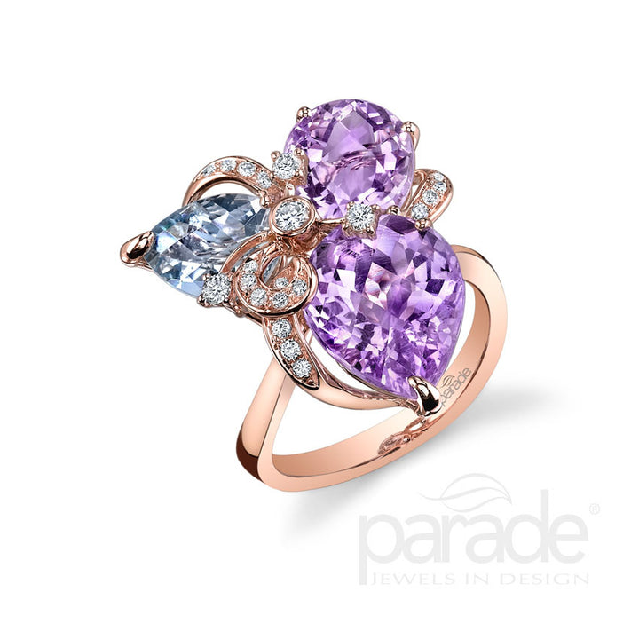 Pink Berry Quartz, Aquamarine & Diamond Ring