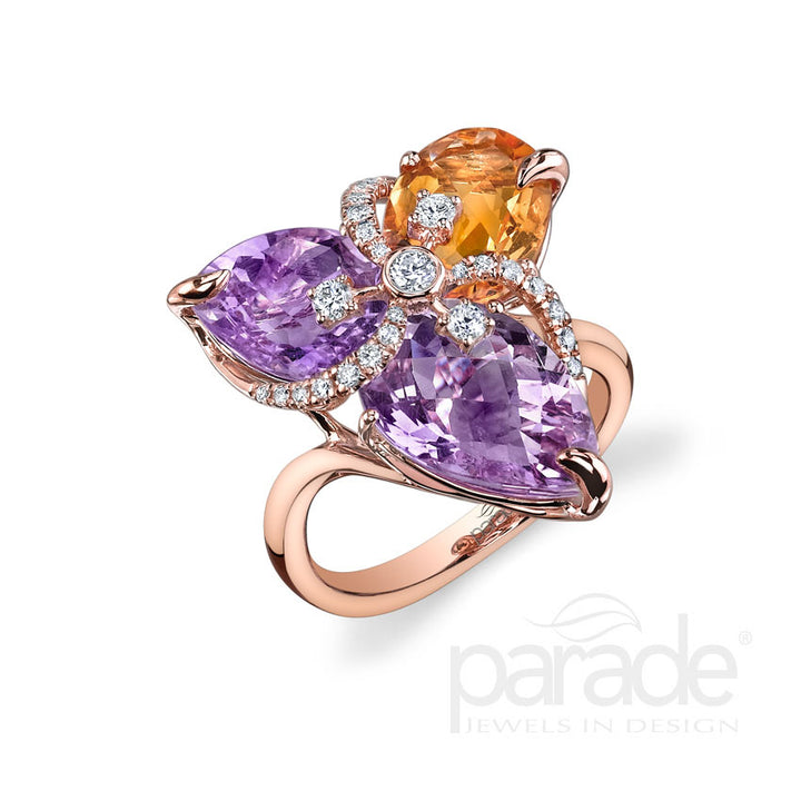 Pink Berry Quartz, Citrine & Diamond Ring