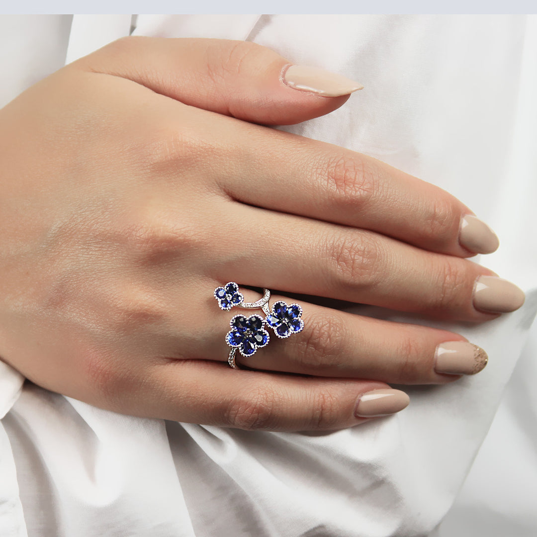 Blue Sapphire & Diamond Floral Ring