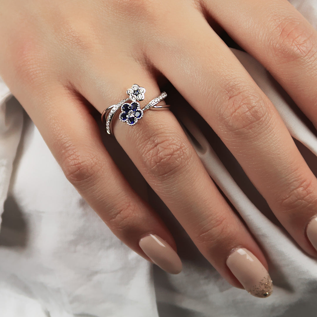Blue Sapphire & Diamond Floral Ring