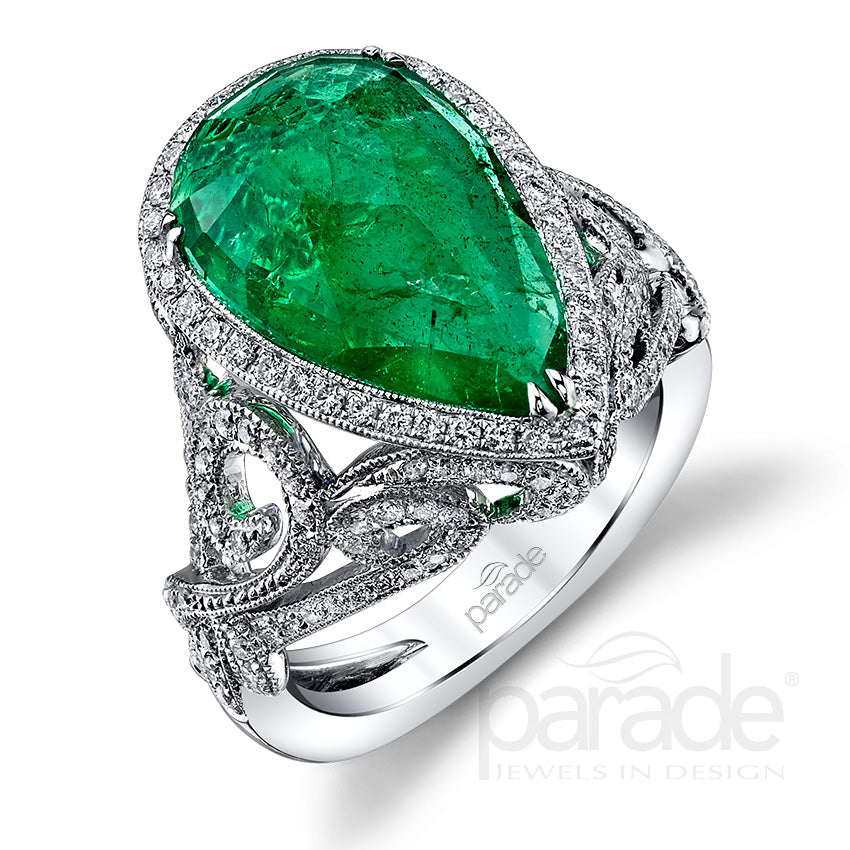 3.63 Carat Pear-Shaped Emerald & Diamond Halo Ring
