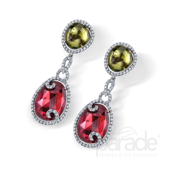 Pink & Green Tourmaline with Diamond Dangle Earrings