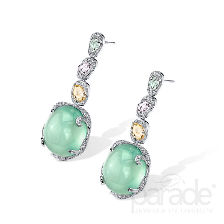 Nearly 60 Carat Green Prehnite, Sapphire & Diamond Dangle Earrings