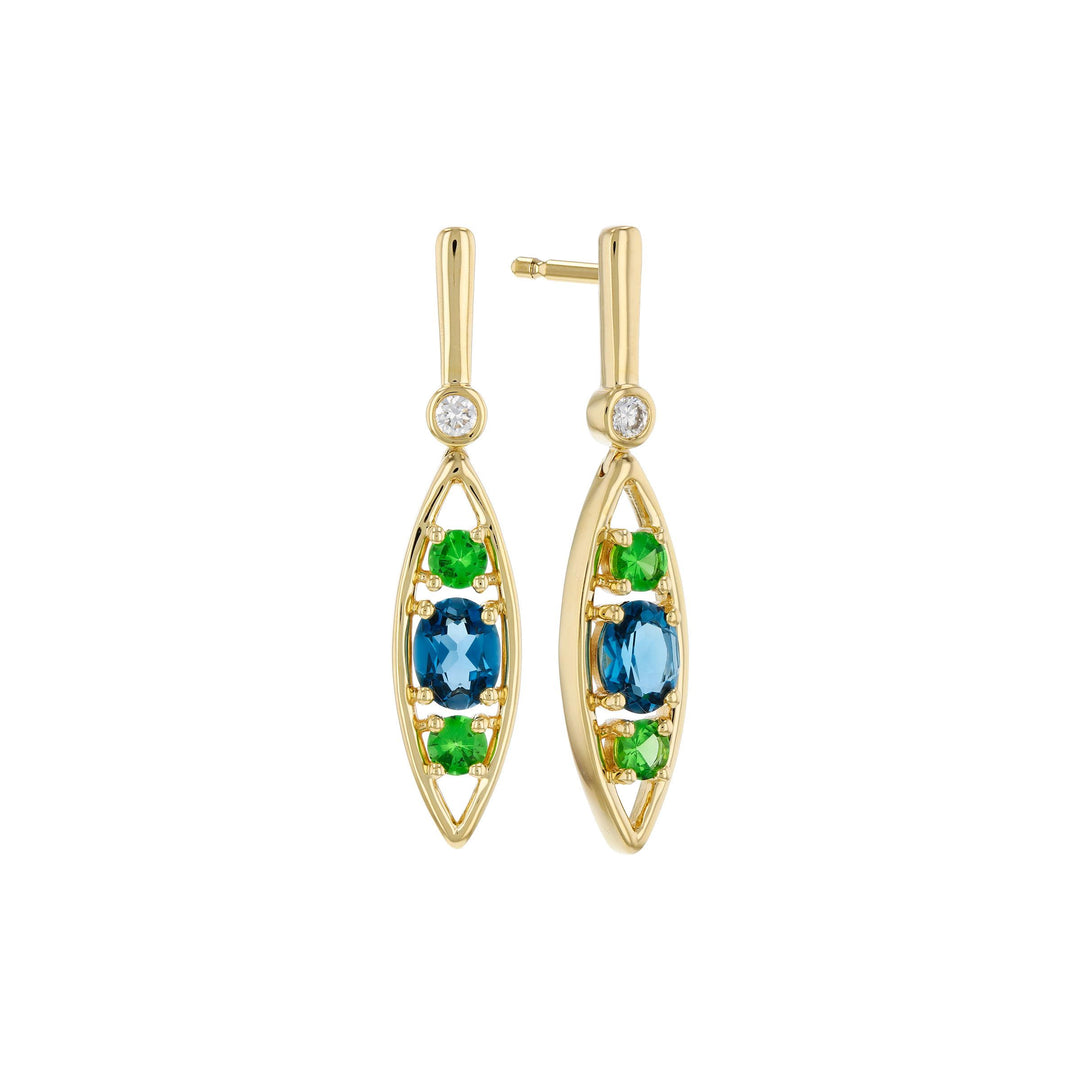 14KT Gold Blue Topaz & Green Garnet Earrings