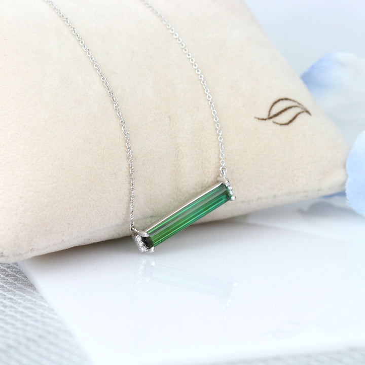 Blue-Green Tourmaline & Diamond Bar Necklace