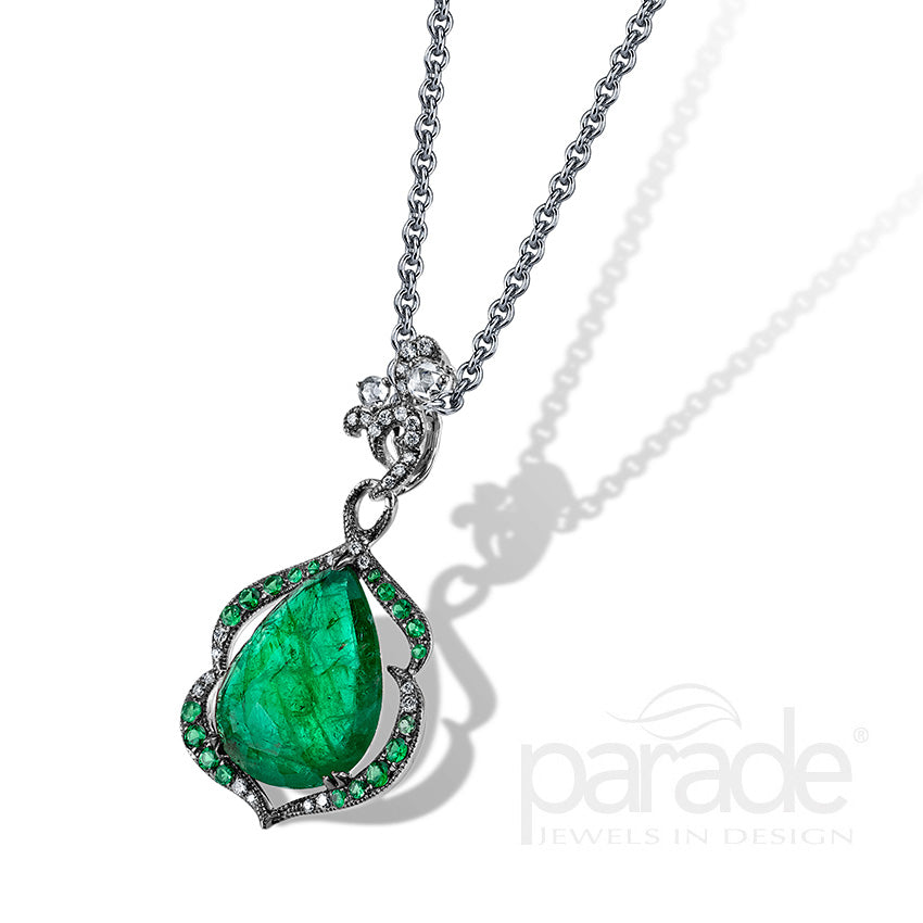 Teardrop Emerald, Tsavorite & Diamond Pendant