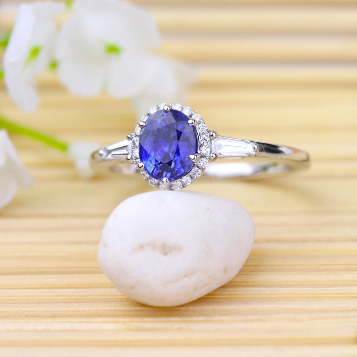 Blue Sapphire & Diamond Halo Engagement Ring