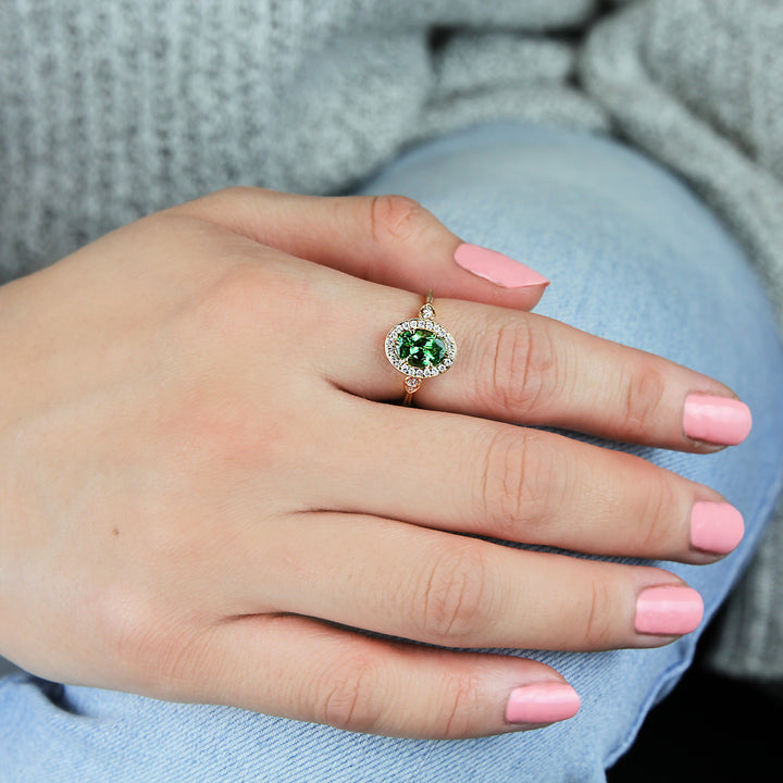 Tsavorite & Diamond Halo Engagement Ring