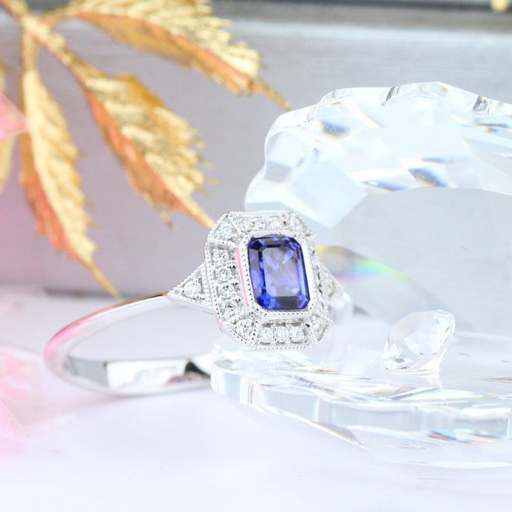 Emerald-Cut Sapphire & Diamond Halo Engagement Ring