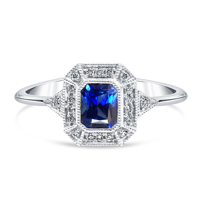 Emerald-Cut Sapphire & Diamond Halo Engagement Ring
