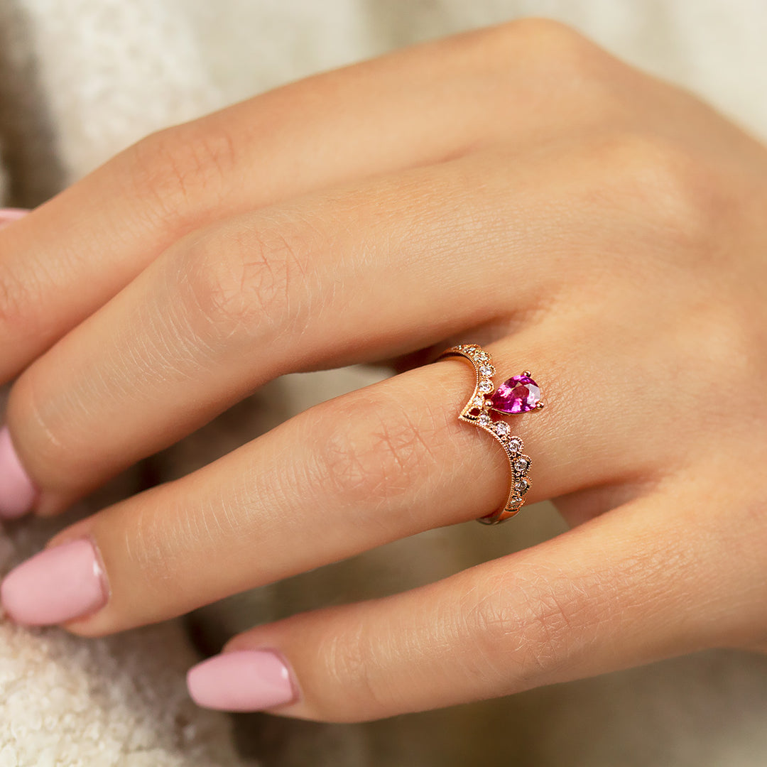 Pear-Shaped Pink Sapphire & Diamond Scalloped Engagement Ring