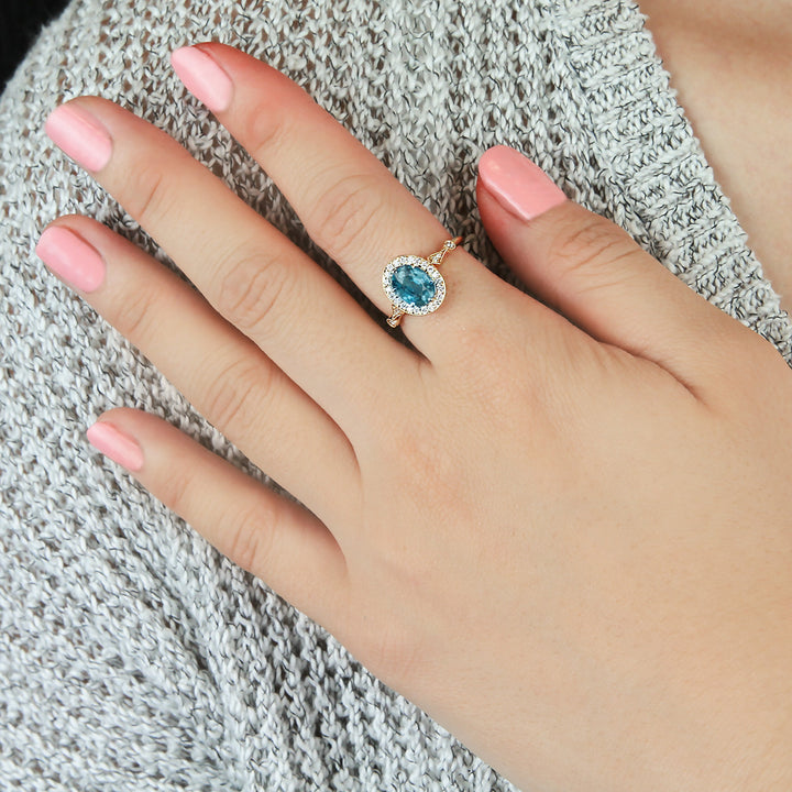 Blue Zircon & Diamond Art Deco Engagement Ring