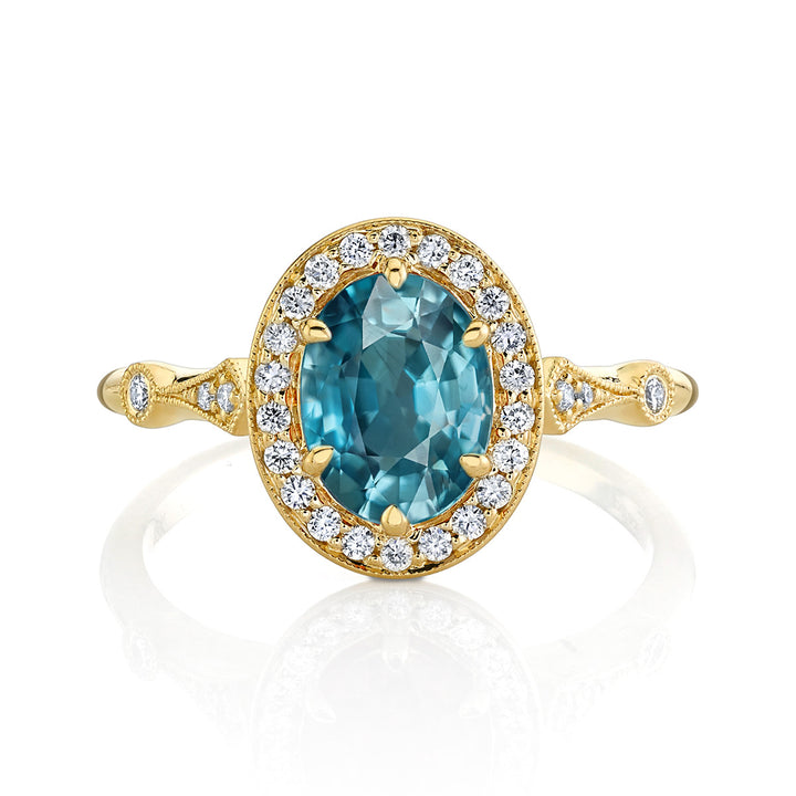 Blue Zircon & Diamond Art Deco Engagement Ring