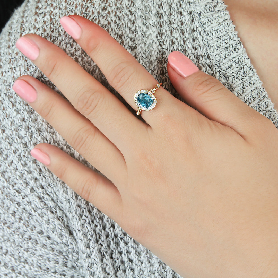 Blue Zircon & Diamond Art Deco Engagement Ring