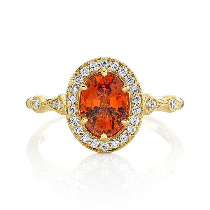 Spessartite Garnet & Diamond Halo Engagement Ring