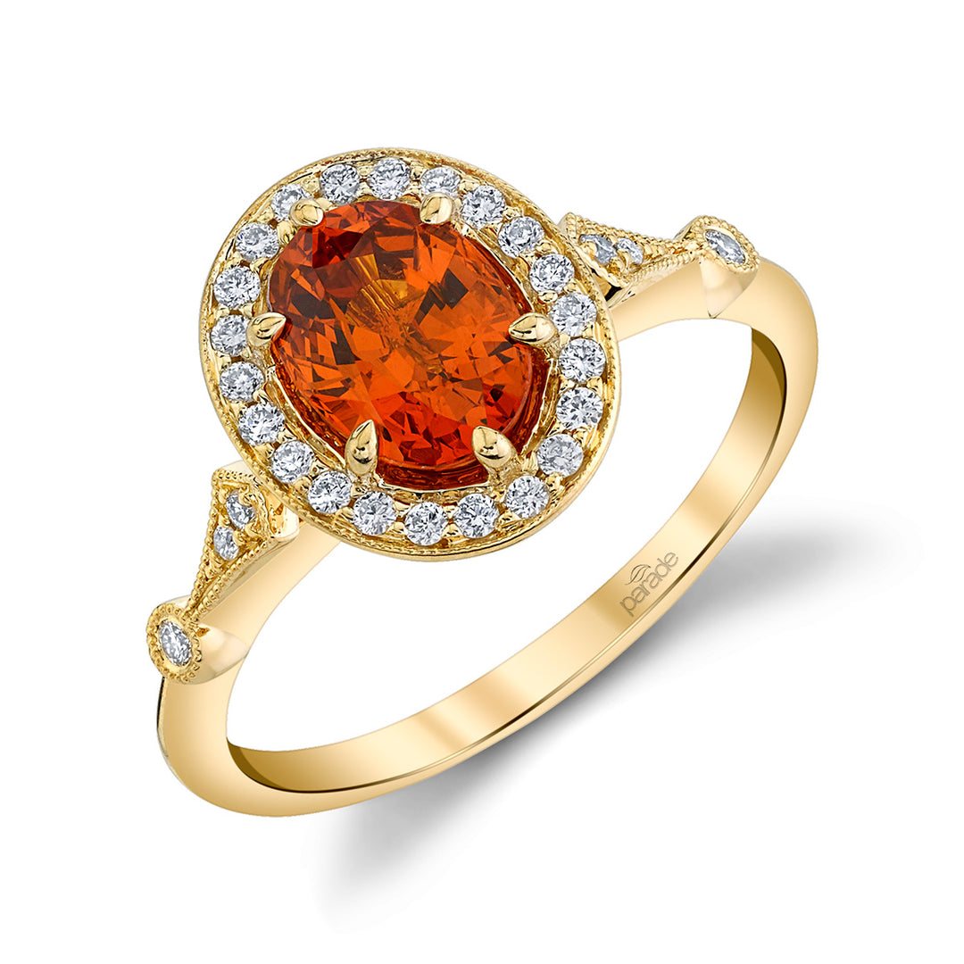Spessartite Garnet & Diamond Halo Engagement Ring