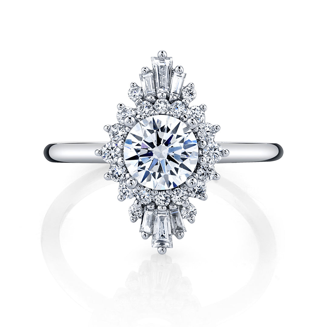 Round & Baguette Diamond Halo Engagement Ring