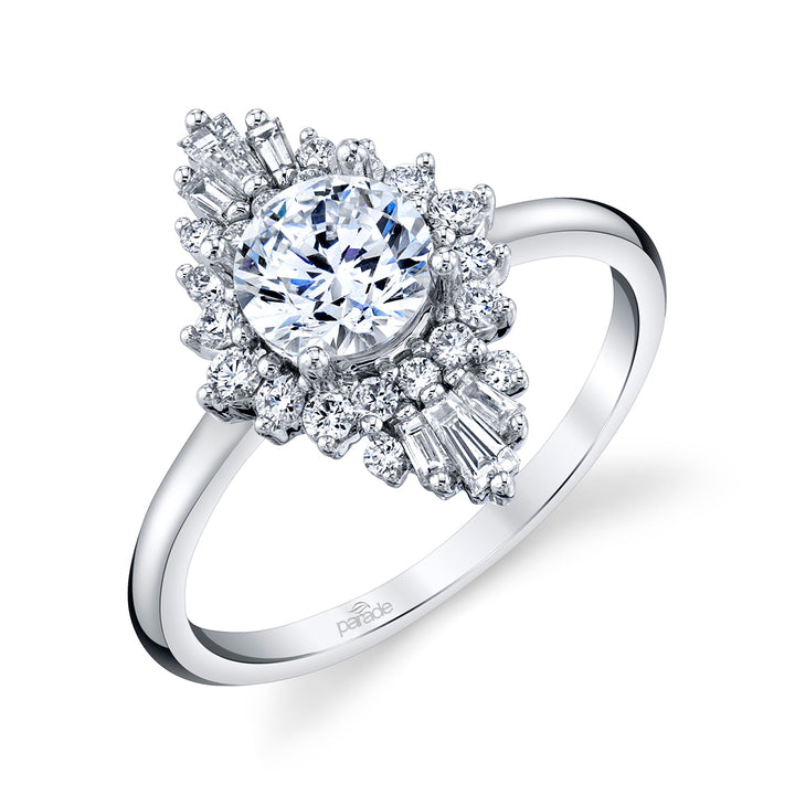 Round & Baguette Diamond Halo Engagement Ring
