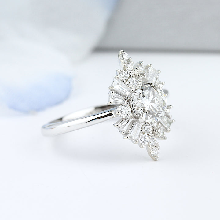 Round & Baguette Halo Engagement Ring