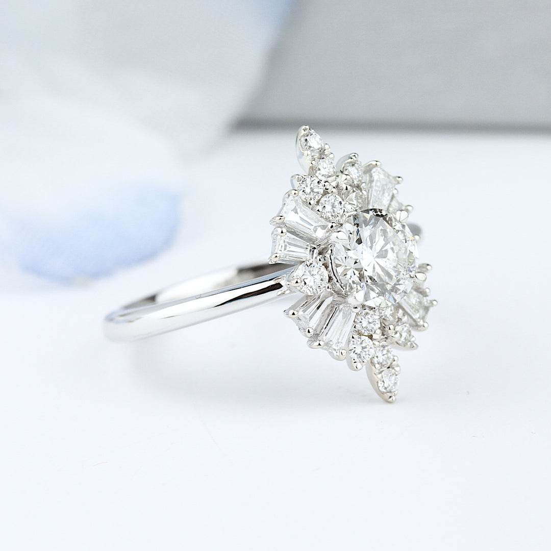 Round & Baguette Halo Engagement Ring