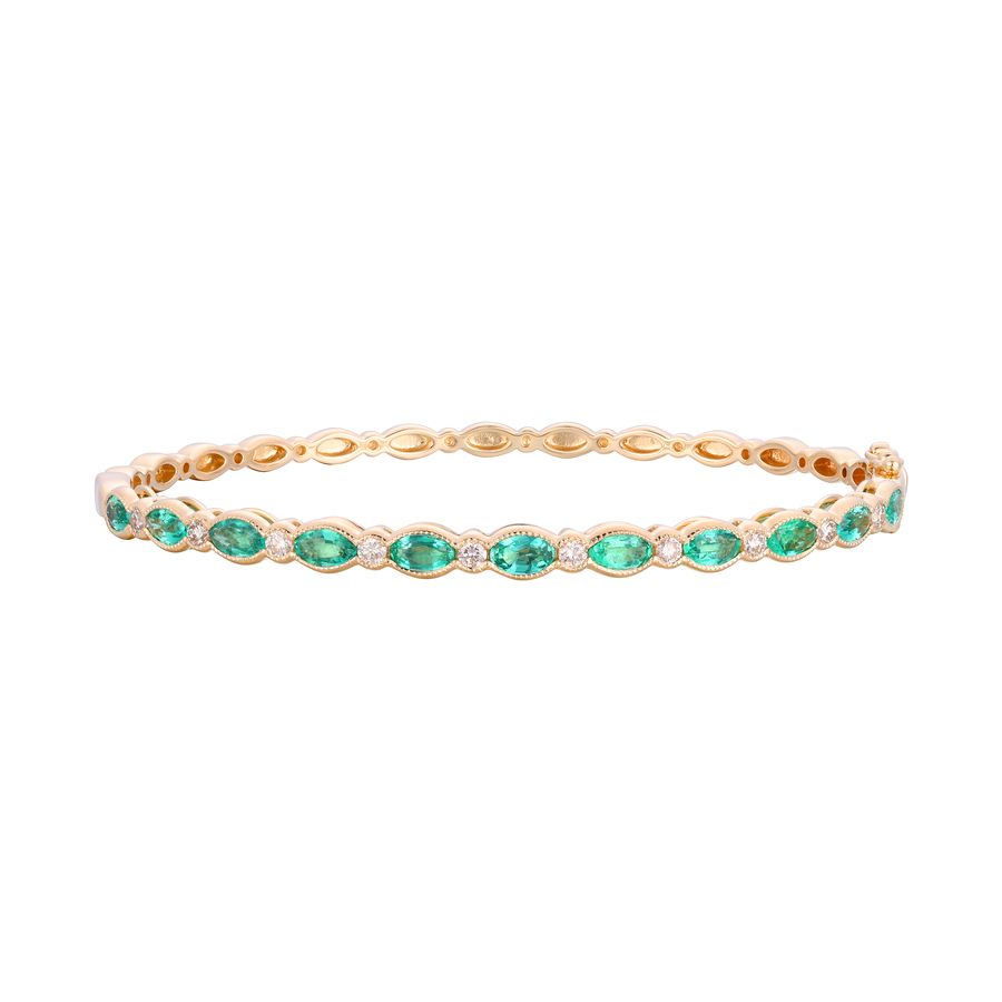 14K YELLOW GOLD DIAMOND EMERALD BANGLE